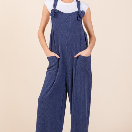 BOMBOM Knot Straps Wide Leg Ribbed Overalls with Pockets