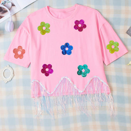 Sequin Flower Round Neck Half Sleeve T-Shirt