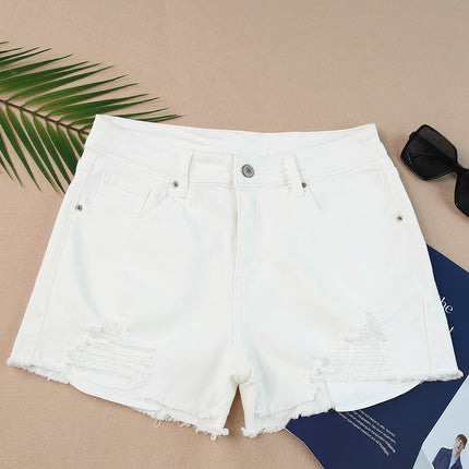 Frayed Hem Distressed Denim Shorts with Pockets