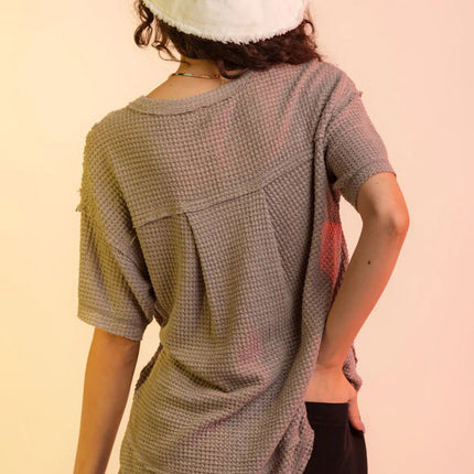 Waffle-Knit Notched Half Sleeve T-Shirt