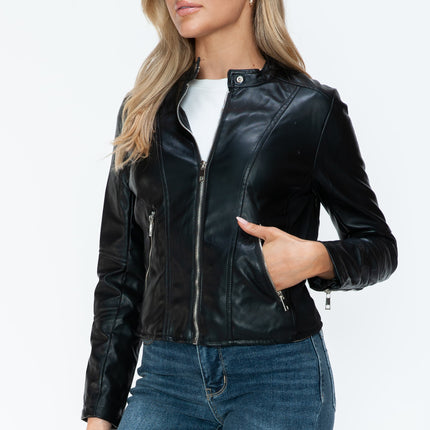 Snobbish PU Leather Zip Up Jacket with Pockets