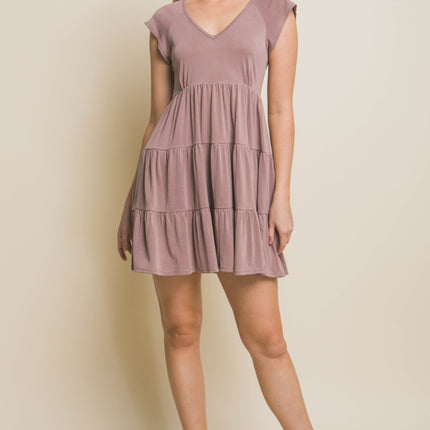 Love Tree V-Neck Cap Sleeve Tiered Mini Dress