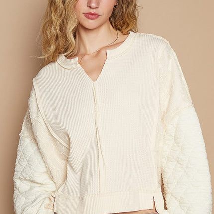 POL Waffle-Knit Notched Long Sleeve Knit Top