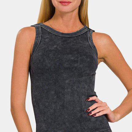 Zenana 2 Way Neckline Washed Ribbed Cropped Tank