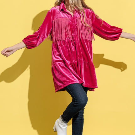 And The Why Fringe Detailed Velvet Shirt Dress