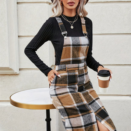 Slit Plaid Wide Strap Overall Dress