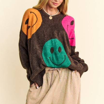 Davi & Dani Contrast Smile Round Neck Oversize Sweater