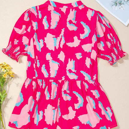Peplum Printed Notched Short Sleeve Blouse
