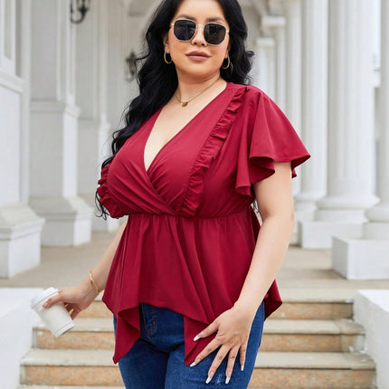 Plus Size Frill Surplice Flutter Sleeve Blouse