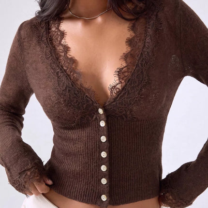 Lace-Trimmed V-Neck Button-Down Cardigan