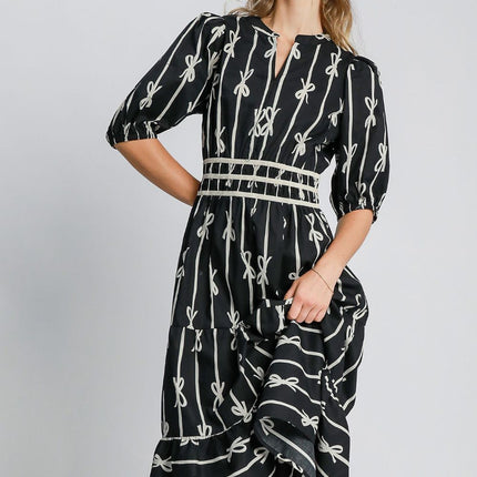 Umgee Bow Tie Print Notched Contrast Velvet Trim Midi Dress