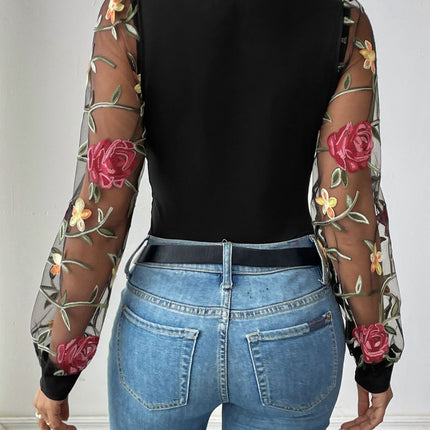 Perfee Embroidered V-Neck Long Sleeve Bodysuit