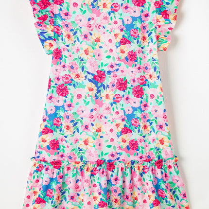 Ruffled Printed Round Neck Cap Sleeve Mini Dress