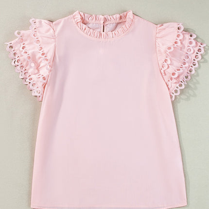 Ruffled Eyelet Round Neck Cap Sleeve Blouse