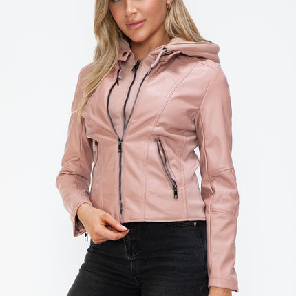 Snobbish Faux Leather Zip Up Drawstring Hooded Jacket