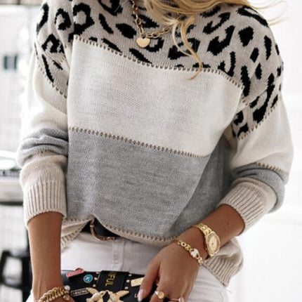 Leopard Color Block Round Neck Long Sleeve Sweater