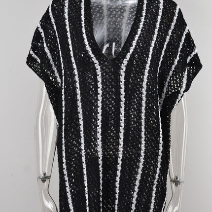 Slit Openwork Striped V-Neck Cover-Up