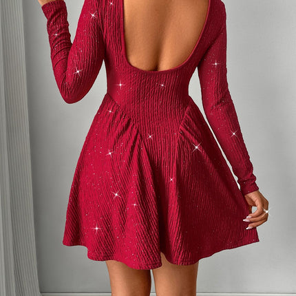 Backless Glitter Square Neck Long Sleeve Mini Dress