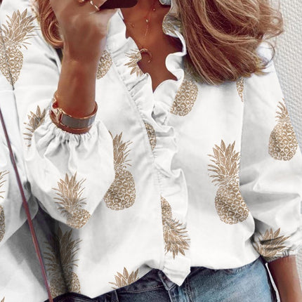 Ruffled Printed V-Neck Long Sleeve Blouse