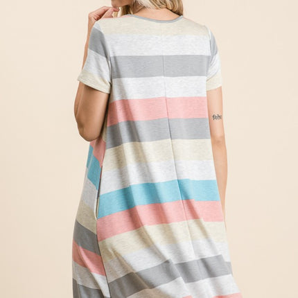 BOMBOM Striped Short Sleeve Dress with Pockets