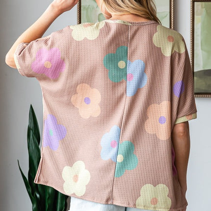 HOPELY Full Size Floral Round Neck Side Slit Waffle T-Shirt