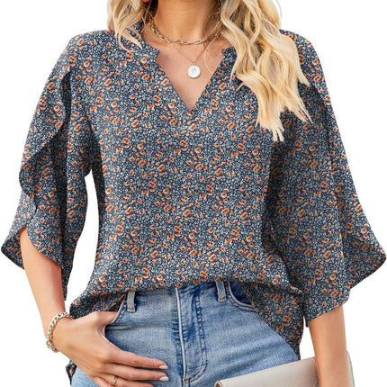 Printed Notched Half Sleeve Blouse