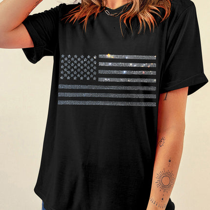 Rhinestone US Flag Round Neck Short Sleeve T-Shirt