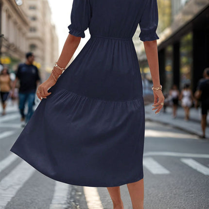 Ruched V-Neck Half Sleeve Midi Dress