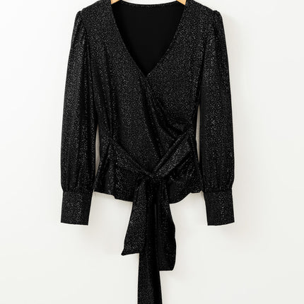 Glitter Surplice Long Sleeve Blouse