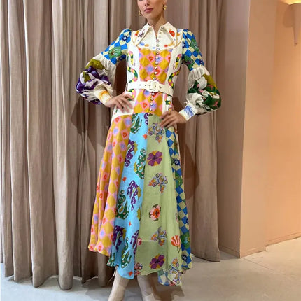 2023 Autumn Print Holiday Women Beach Dress With Belts A-line Long Lantern Sleeve Single Breasted Lapel Seaside Dresses Robe