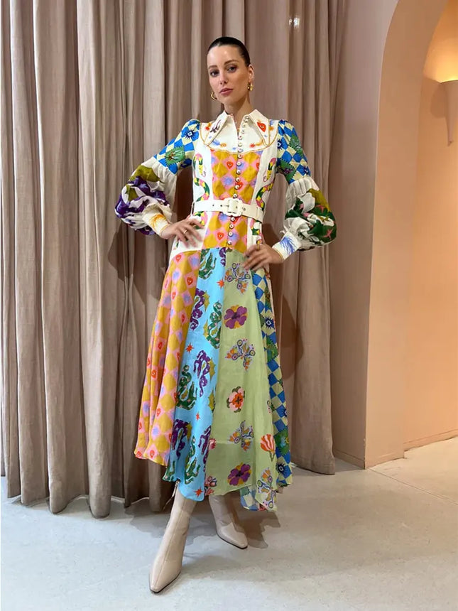 2023 Autumn Print Holiday Women Beach Dress With Belts A-line Long Lantern Sleeve Single Breasted Lapel Seaside Dresses Robe