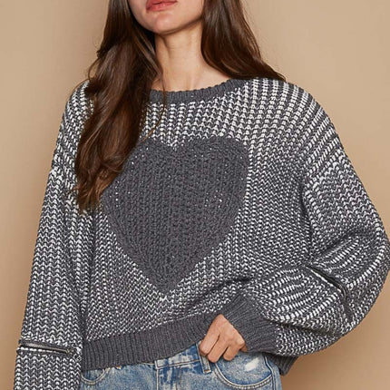 POL Round Neck Heart Patch Zipper Point Sleeve Sweater