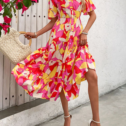 Printed V-Neck Flutter Sleeve Midi Dress