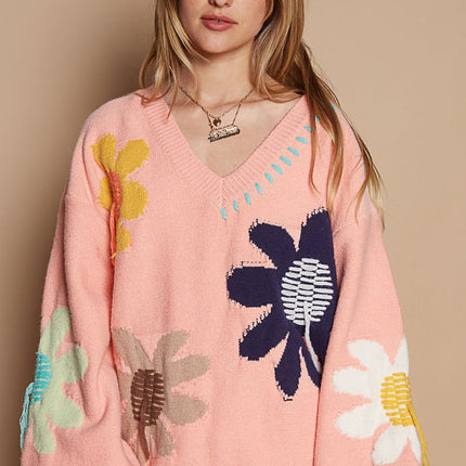 POL V-Neck Long Sleeve Flower Fringe Sweater