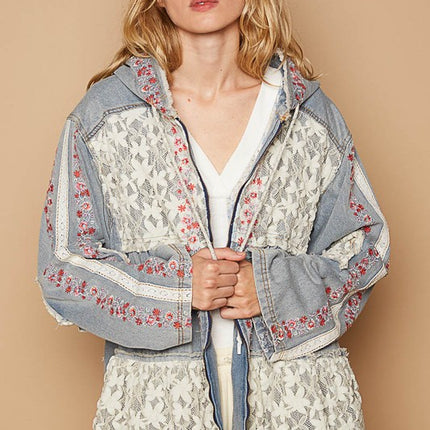 POL Embroidered Lace Patch Zip Up Hooded Jacket