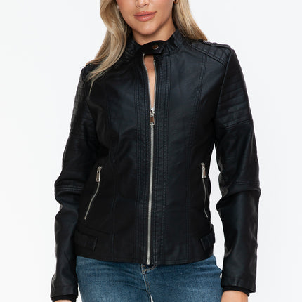 Snobbish PU Leather Biker Jacket with Side Zip Pockets