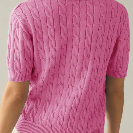 Cable-Knit Collared Neck Half Sleeve Sweater