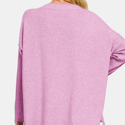 Zenana V-Neck Side Slit High-Low Sweater