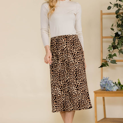 Celeste Full Size Leopard A-Line Midi Skirt