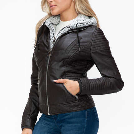 YMI Faux Layered Double-Zipper Jacket with Fuzzy Hood