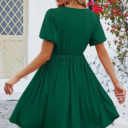 V-Neck Balloon Short Sleeve Dress