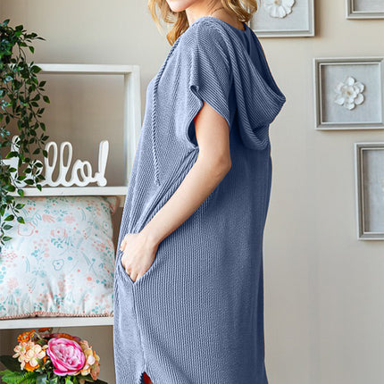 Heimish Full Size Ribbed Short Sleeve Hooded Dress