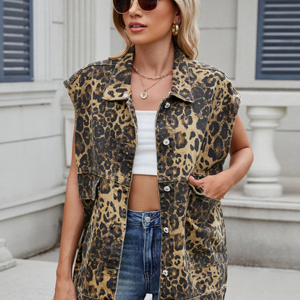 Leopard Buttton Up Denim Vest