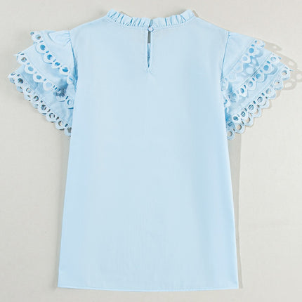 Ruffled Eyelet Round Neck Cap Sleeve Blouse