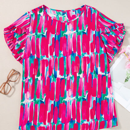 Plus Size Printed Round Neck Petal Sleeve Blouse