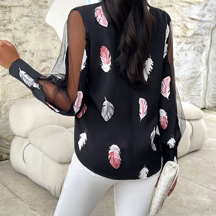 Feather Print Mock Neck Long Sleeve Blouse