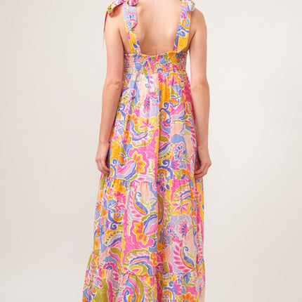 And The Why Full Size Printed Tie Shoulder Tiered Maxi Dress