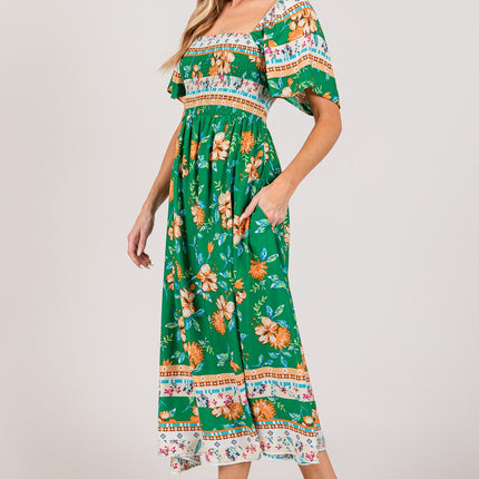 SAGE + FIG Printed Smocked Short Sleeve Midi Dress