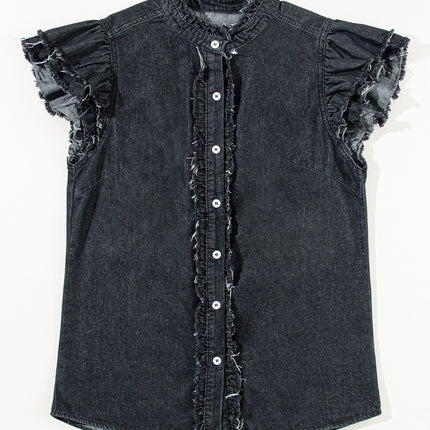 Raw Hem Button Up Cap Sleeve Denim Top