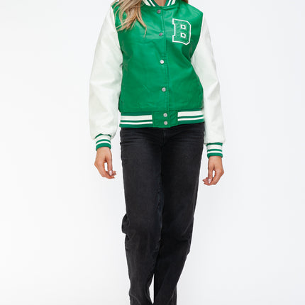 Love Me Now PU Leather Contrast Snap Down Bomber Jacket - Vickie Lynn's